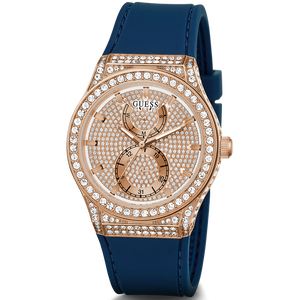  Shop Authentic Guess Multifunction Crystals Rose Gold Dial Blue Rubber Strap Watch For Women - GW0439L4 - Luxxuri