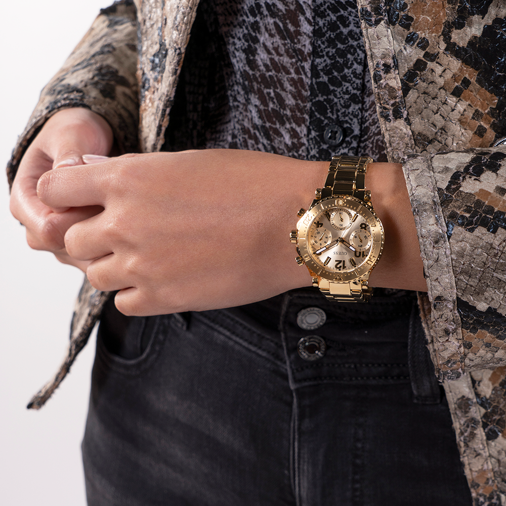  Shop Authentic Guess Cosmic Chronograph Gold Dial Gold Steel Strap Watch for Women - GW0465L1 - Luxxuri