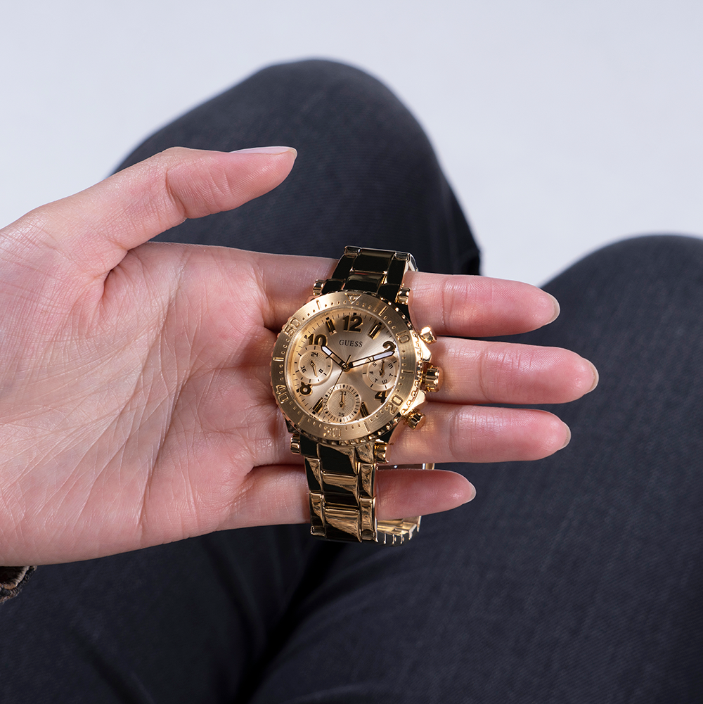  Shop Authentic Guess Cosmic Chronograph Gold Dial Gold Steel Strap Watch for Women - GW0465L1 - Luxxuri