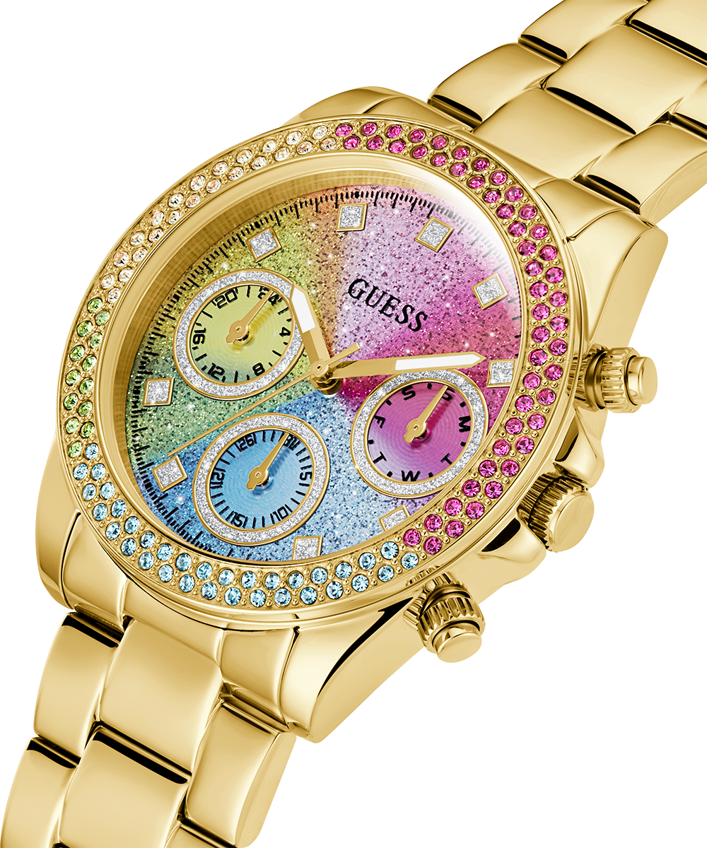 Guess Confetti Chronograph Rainbow Dial Gold Steel Strap Watch For Women  - GW0483L4