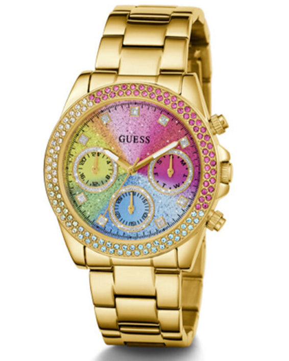 Guess Confetti Chronograph Rainbow Dial Gold Steel Strap Watch For Women  - GW0483L4