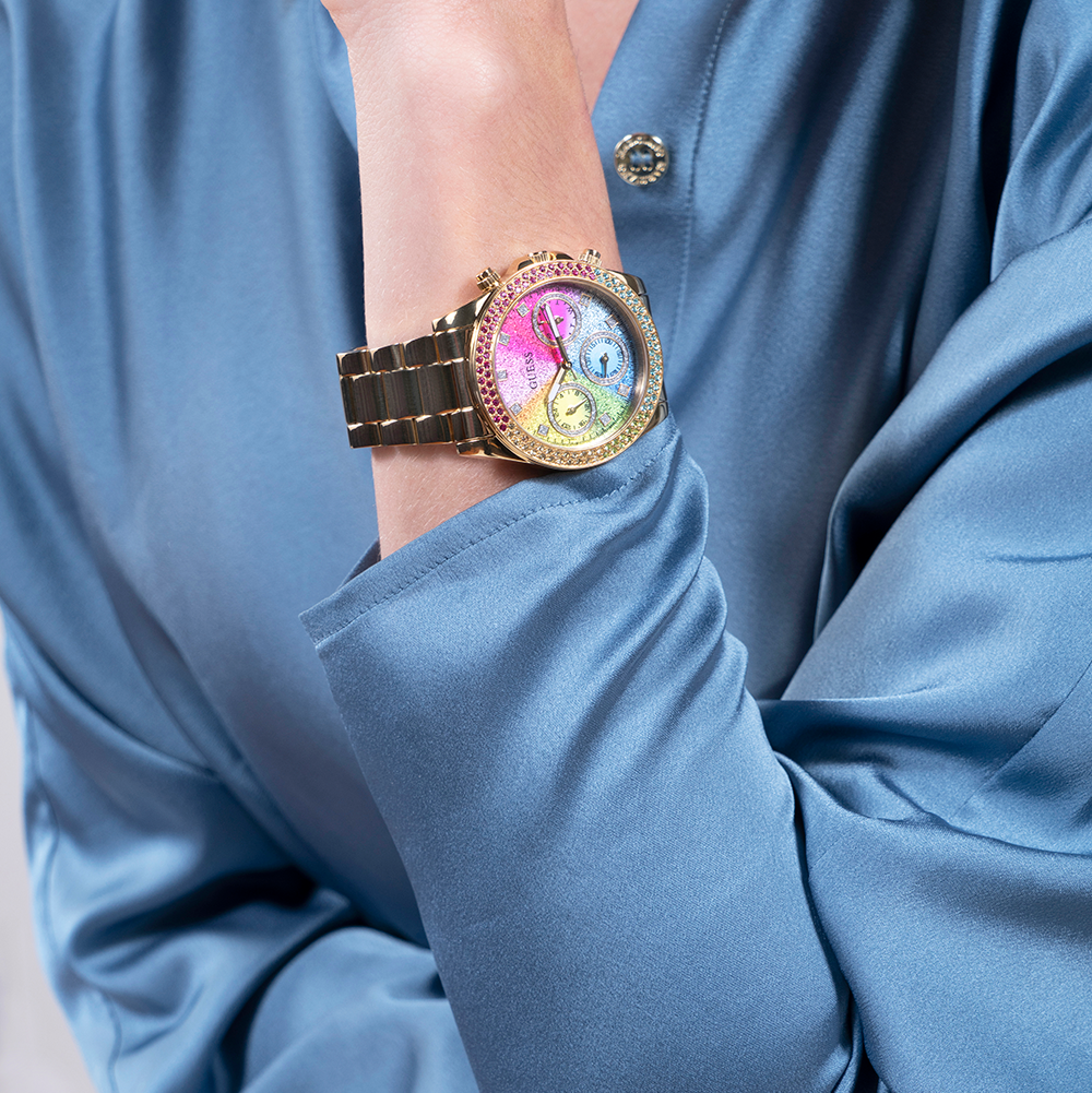 Guess Confetti Chronograph Rainbow Dial Gold Steel Strap Watch For Women  - GW0483L4