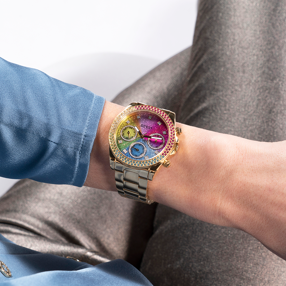 Guess Confetti Chronograph Rainbow Dial Gold Steel Strap Watch For Women  - GW0483L4