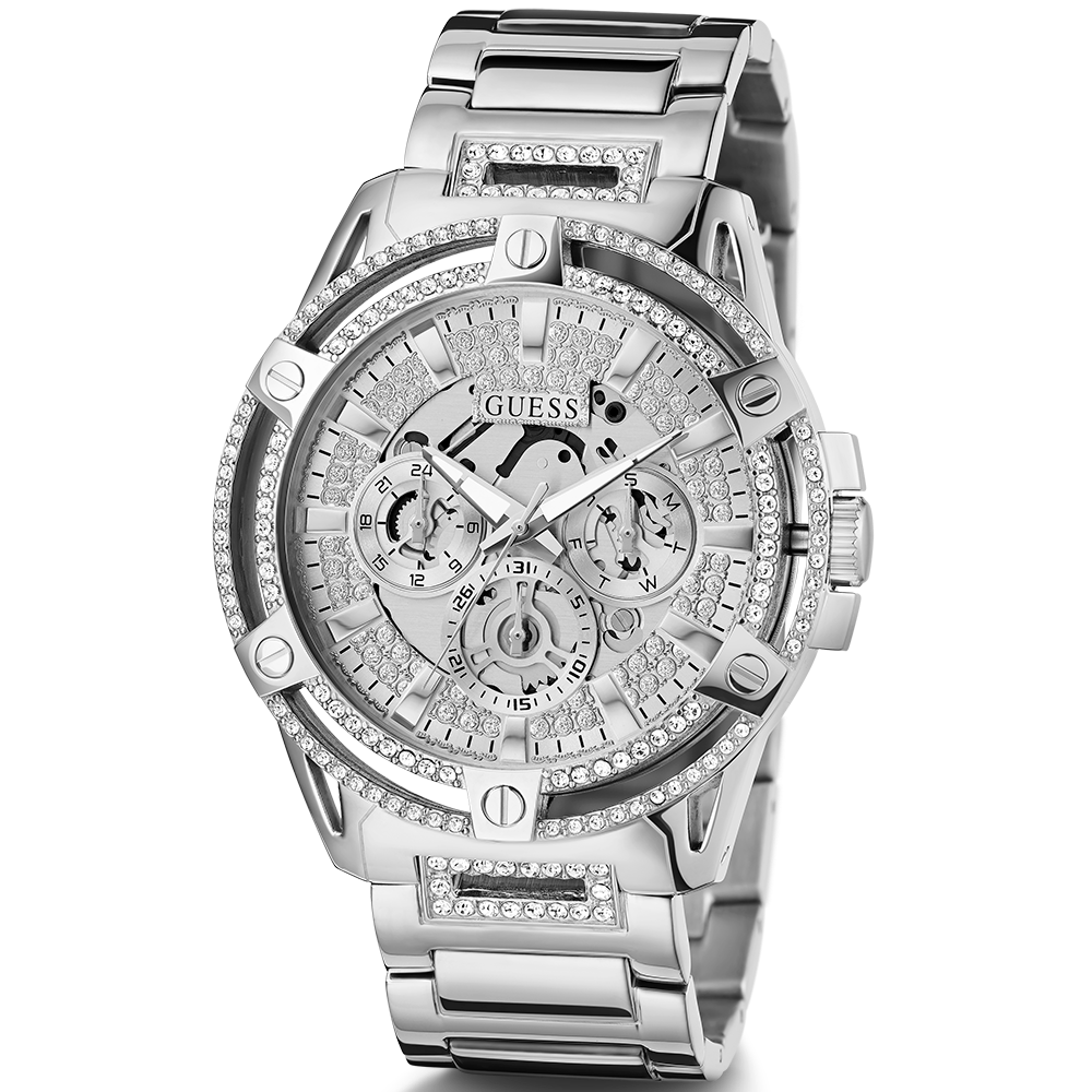 Guess King Quartz Silver Dial Silver Steel Strap Watch For Men - GW0497G1