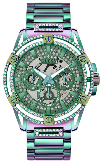 Guess King Iridescent Multifunction Multicolor Dial Purple Steel Strap Watch For Men - GW0497G3