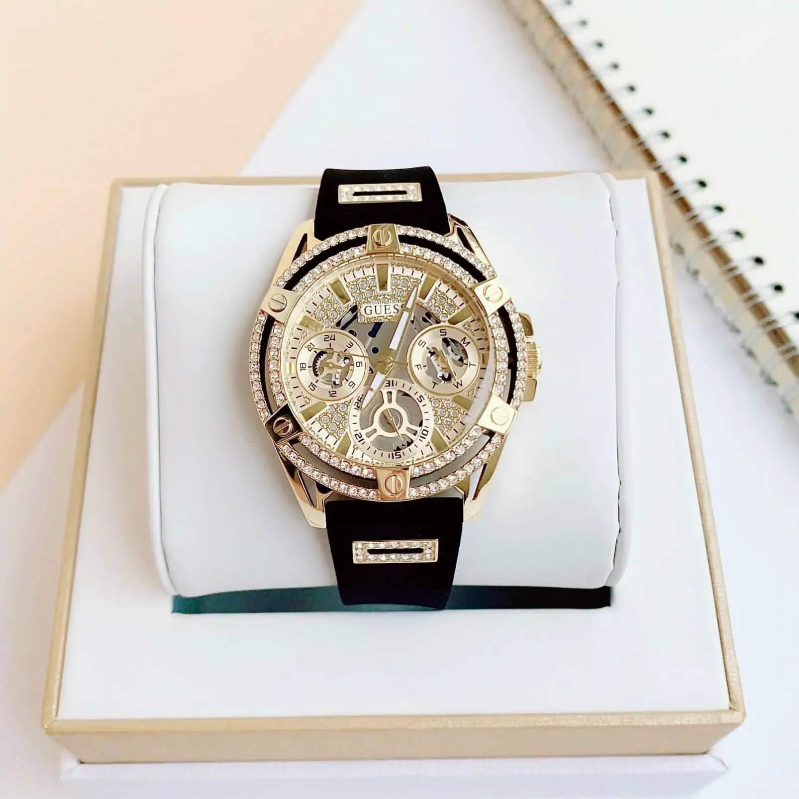 Guess Queen Quartz Gold Dial Black Silicone Strap Watch For Women - GW0536L3