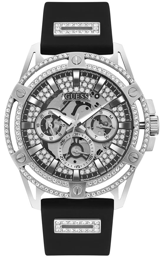  Shop Authentic Guess King Quartz Crystals Silver Dial Black Silicone Strap Watch For Men - GW0537G1 - Luxxuri