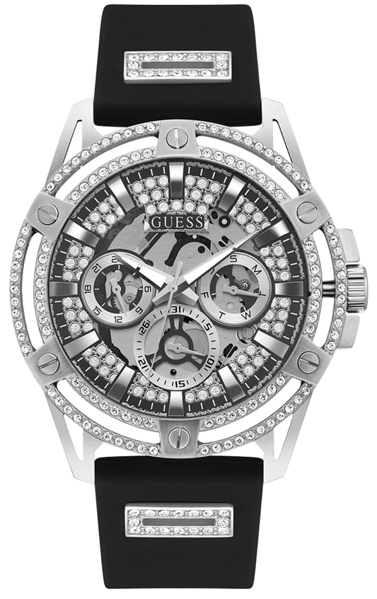  Shop Authentic Guess King Quartz Crystals Silver Dial Black Silicone Strap Watch For Men - GW0537G1 - Luxxuri