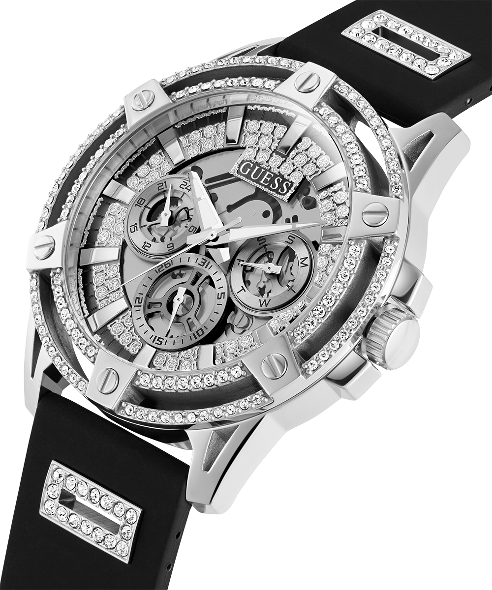 Guess King Quartz Crystals Silver Dial Black Silicone Strap Watch For Men - GW0537G1