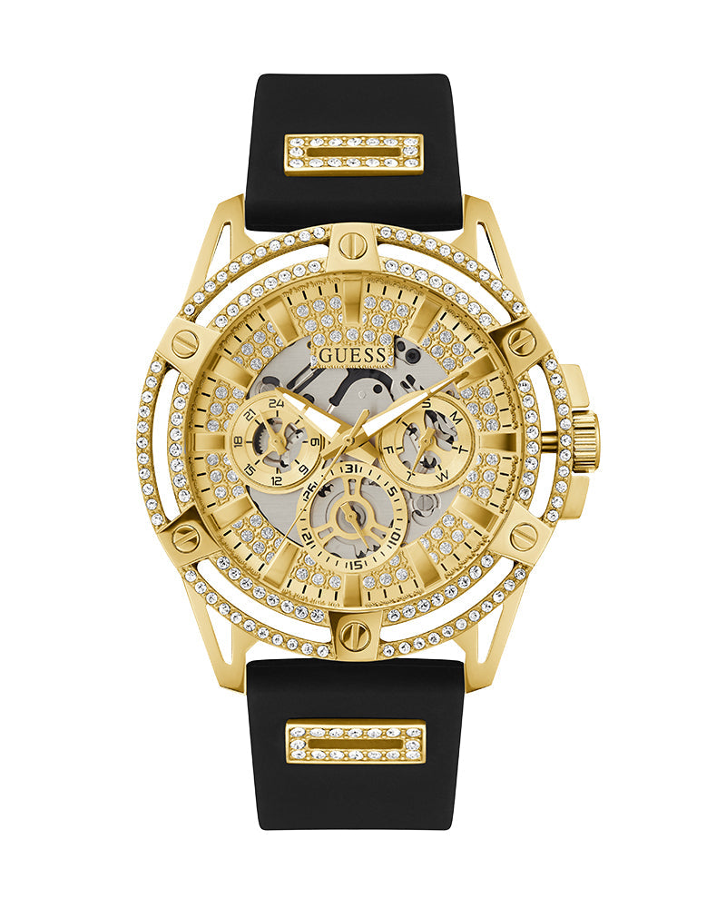  Shop Authentic Guess King Quartz Crystals Gold Dial Black Silicone Strap Watch For Men - GW0537G2 - Luxxuri
