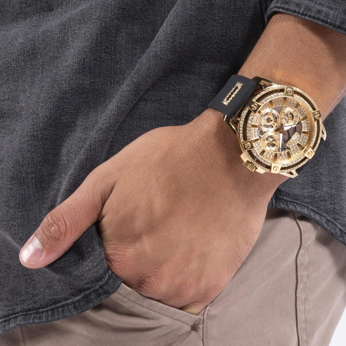  Shop Authentic Guess King Quartz Crystals Gold Dial Black Silicone Strap Watch For Men - GW0537G2 - Luxxuri