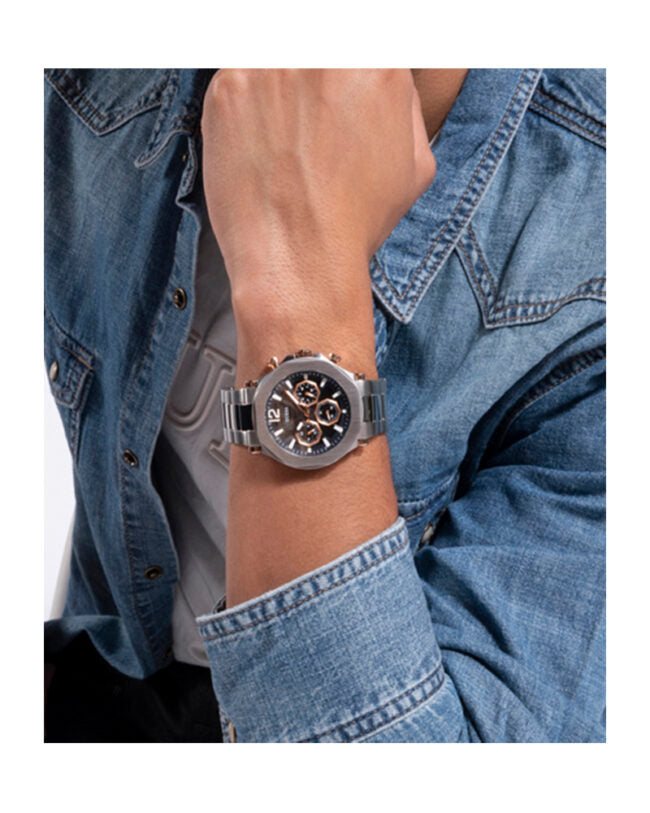 Guess Edge Chronograph Black Dial Silver Steel Strap Watch For Men - GW0539G1