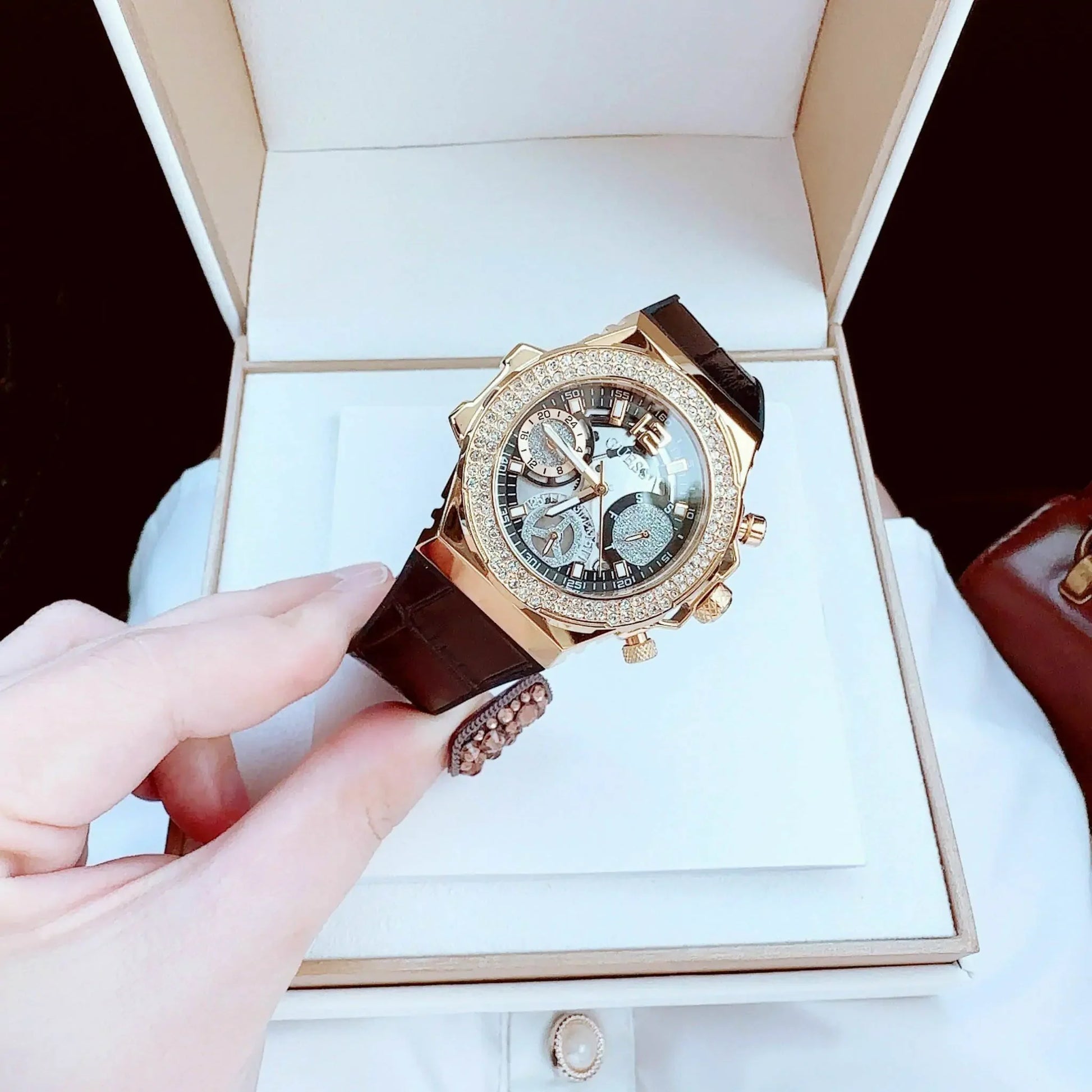  Shop Authentic Guess Fusion Chronograph Black Dial Black Leather Strap Watch For Women - GW0553L4 - Luxxuri