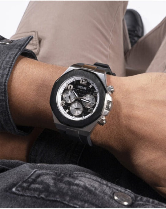 Guess Empire Chronograph Black Dial Black Silicon Strap Watch For Men - GW0583G1