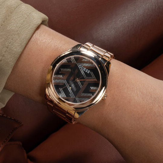  Shop Authentic Guess Cubed Analog Black Dial Rose Gold Steel Strap Watch For Women - GW0607L3 - Luxxuri
