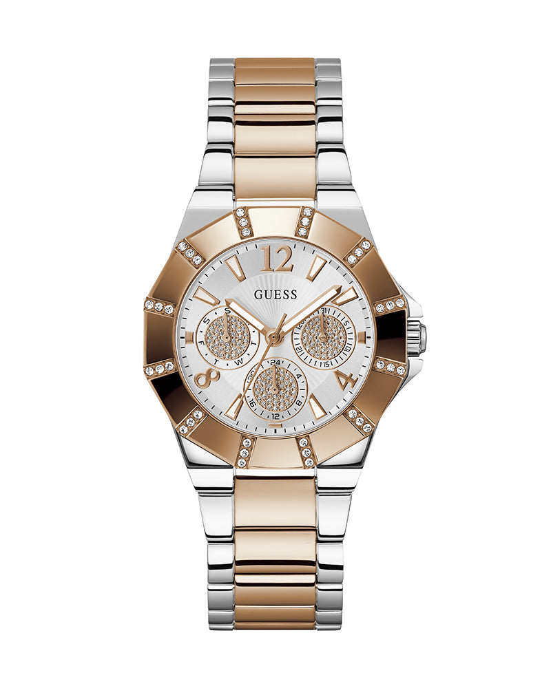  Shop Authentic Guess Sunray Multifunction Crystals Silver Dial Two Tone Steel Strap Watch For Women - GW0616L3 - Luxxuri
