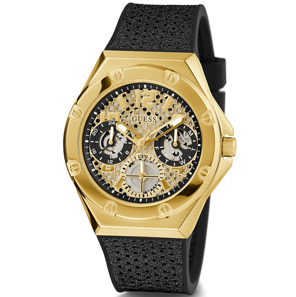 Guess Asteria Multifunction Gold Dial Black Rubber Strap Watch For Women - GW0620L2