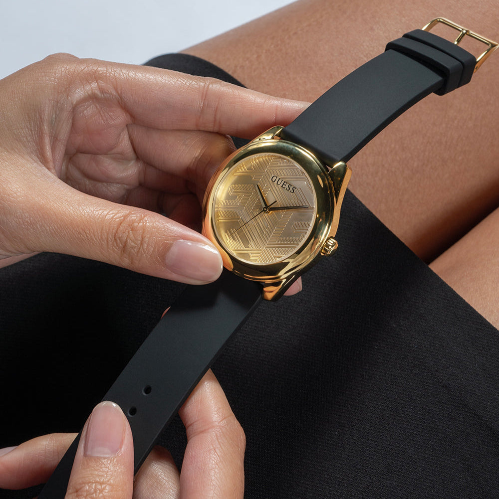 Guess Cubed Analog Gold Dial Black Silicone Strap Watch For Women - GW0665L1