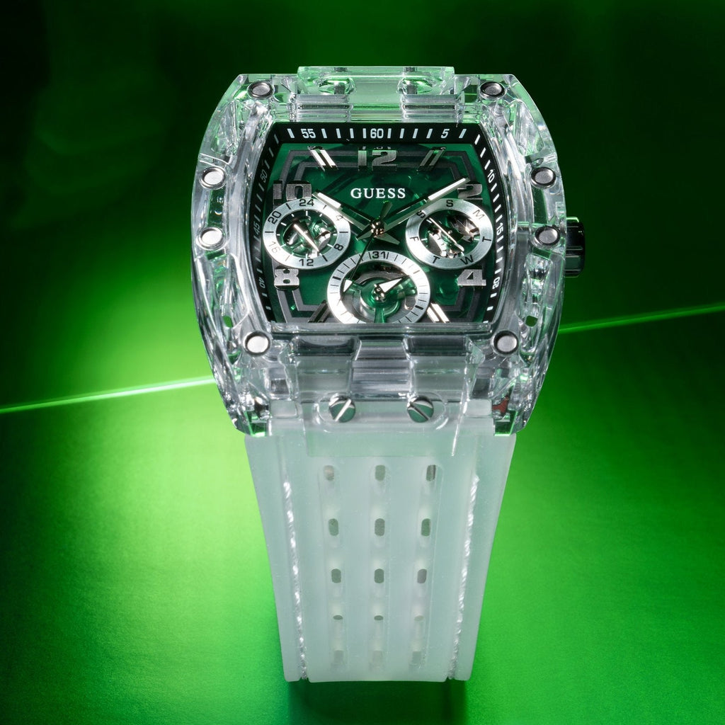  Shop Authentic Guess Phoenix Quartz Green Dial Transparent Silicone Strap Watch For Men - GW0499G8 - Luxxuri