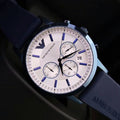  Shop Authentic Emporio Armani Renato Chronograph Silver Dial Blue Silicone Strap Watch For Men - AR11026 - Luxxuri