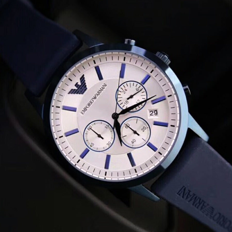  Shop Authentic Emporio Armani Renato Chronograph Silver Dial Blue Silicone Strap Watch For Men - AR11026 - Luxxuri