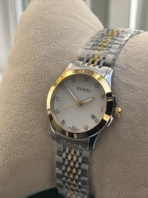  Shop Authentic Gucci G Timeless Diamonds Mother of Pearl Dial Two Tone Mesh Bracelet Watch for Women - YA126513 - Luxxuri