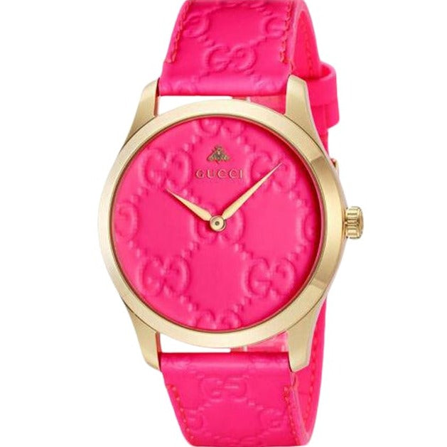  Shop Authentic Gucci G Timeless Quartz Pink Dial Pink Leather Strap Watch For Women - YA1264115 - Luxxuri
