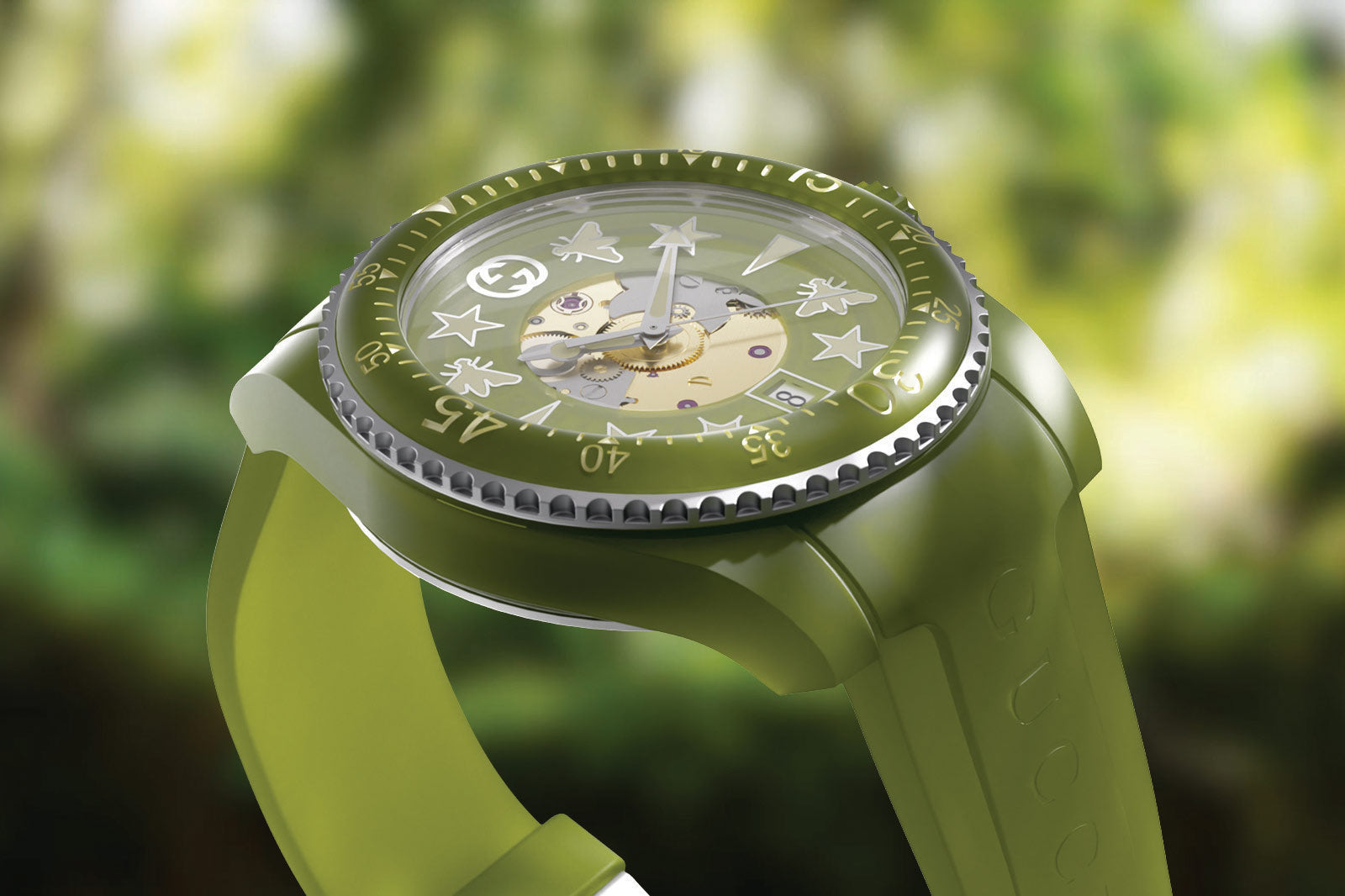  Shop Authentic Gucci Dive Automatic Green Dial Green Rubber Strap Unisex Watch - YA136345 - Luxxuri