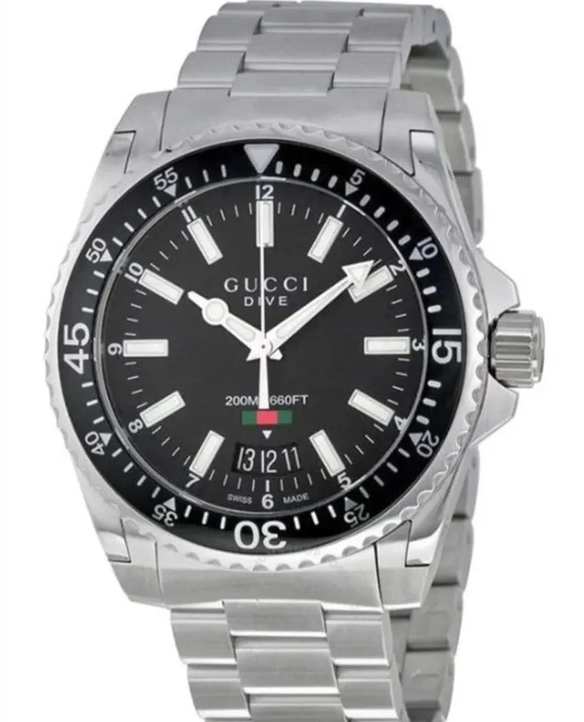  Shop Authentic Gucci Dive Quartz Black Dial Silver Steel Strap Watch For Men - YA136301A - Luxxuri