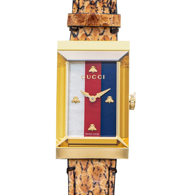 Gucci G-Frame Mother of Pearl Dial Brown Leather Snakeskin Strap Watch For Women - YA147402