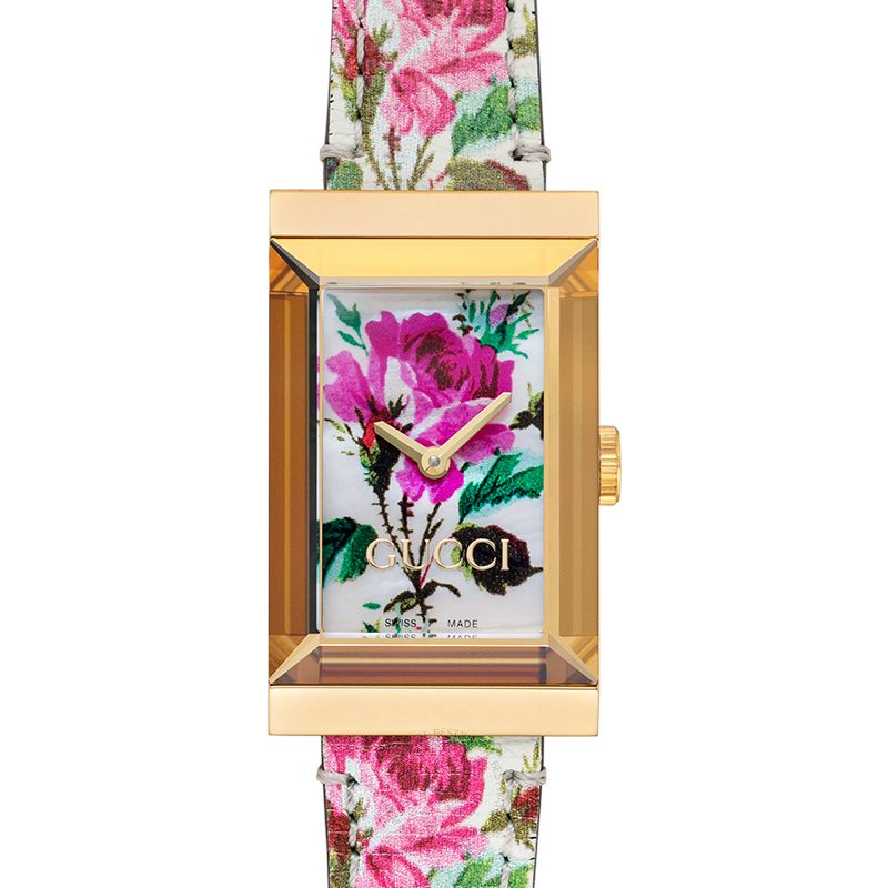  Shop Authentic Gucci G-Frame Floral Mother of Pearl Dial White Leather Strap Watch For Women - YA147406 - Luxxuri