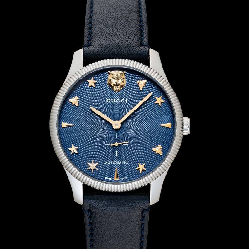  Shop Authentic Gucci G Timeless Automatic Blue Dial Black Leather Strap Watch For Men - YA126347 - Luxxuri