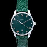  Shop Authentic Gucci G-Timeless Green Mother of Pearl Dial Green Leather Strap Watch For Women - YA126585 - Luxxuri