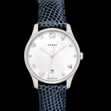  Shop Authentic Gucci G-Timeless Signature Mother of Pearl Silver Dial Blue Leather Strap Watch For Women - YA1264049 - Luxxuri