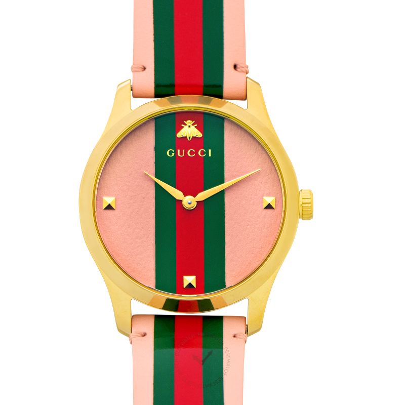  Shop Authentic Gucci G Timeless Quartz Pink Dial Three Tone Leather Strap Watch For Women - YA1264118 - Luxxuri