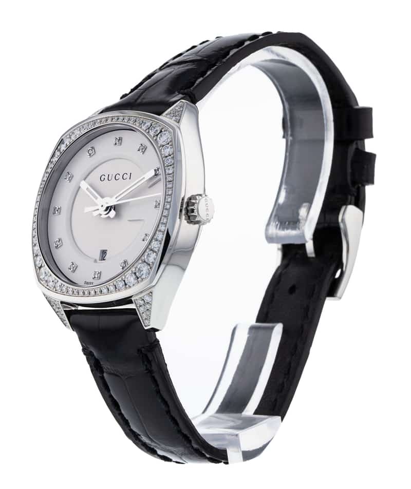  Shop Authentic Gucci GG2570 Diamonds Silver Dial Black Leather Strap Watch For Women - YA142507 - Luxxuri