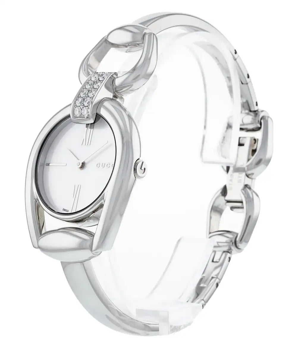  Shop Authentic Gucci Horsebit Collection Diamonds Mother of Pearl White Dial Silver Steel Strap Watch For Women - YA139504 - Luxxuri
