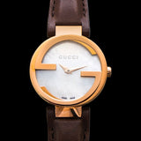  Shop Authentic Gucci G Interlocking Mother of Pearl Dial Brown Leather Strap Watch For Women - YA133516 - Luxxuri