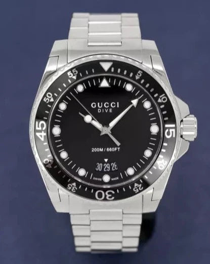  Shop Authentic Gucci Dive Quartz Black Dial Silver Steel Strap Watch For Men - YA136301B - Luxxuri