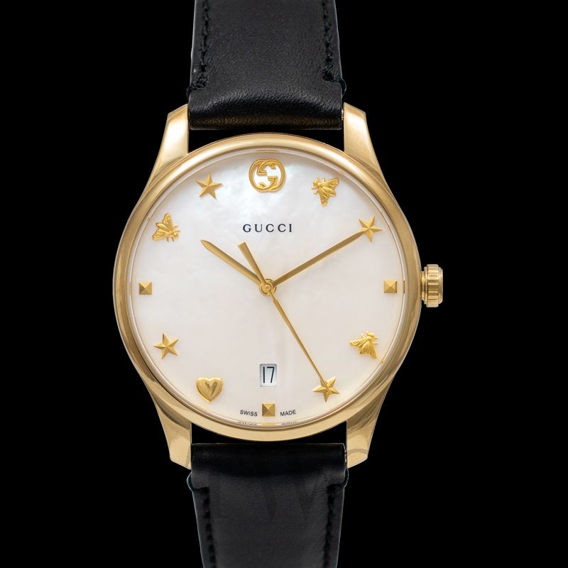  Shop Authentic Gucci G-Timeless Mother of Pearl Dial Black Leather Strap Watch For Women - YA126589 - Luxxuri