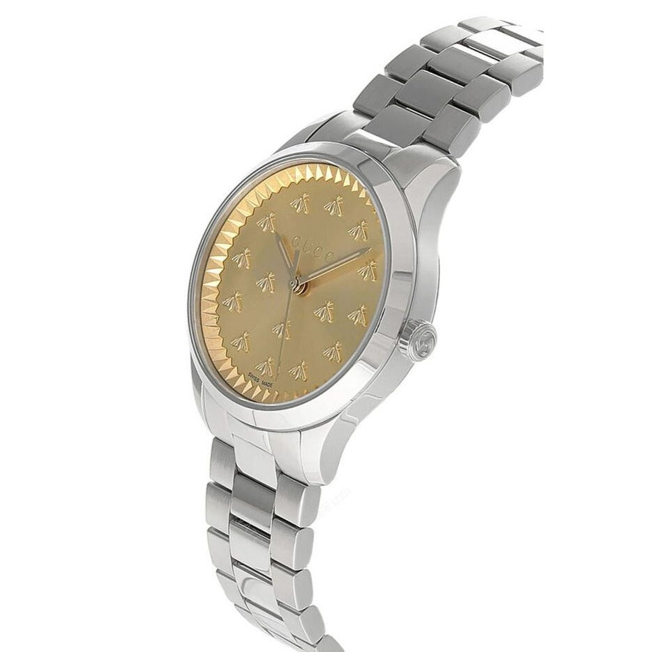  Shop Authentic Gucci G Timeless Quartz Gold Dial Silver Steel Strap Watch for Women - YA1265035 - Luxxuri