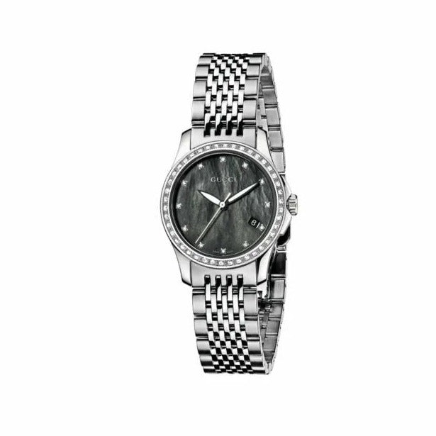 Shop Authentic Gucci G Timeless Diamonds Mother of Pearl Black Dial Silver Mesh Bracelet Watch For Women - YA126507 - Luxxuri