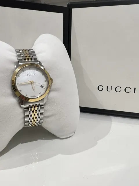  Shop Authentic Gucci G Timeless Diamonds Mother of Pearl Dial Two Tone Mesh Bracelet Watch for Women - YA126513 - Luxxuri