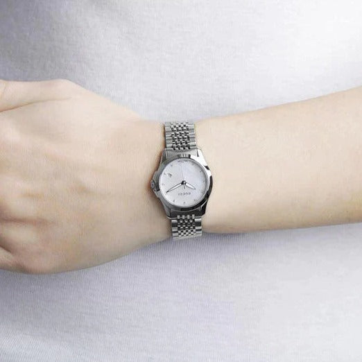  Shop Authentic Gucci G Timeless Diamonds Mother of Pearl Dial Silver Mesh Bracelet Watch For Women - YA126508 - Luxxuri