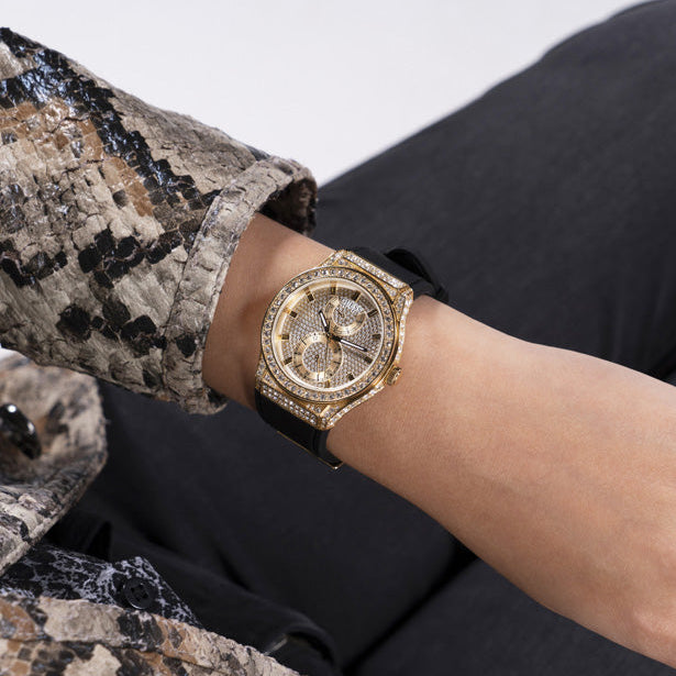  Shop Authentic Guess Princess Crystals Gold Dial Black Silicone Strap Watch For Women - GW0439L2 - Luxxuri