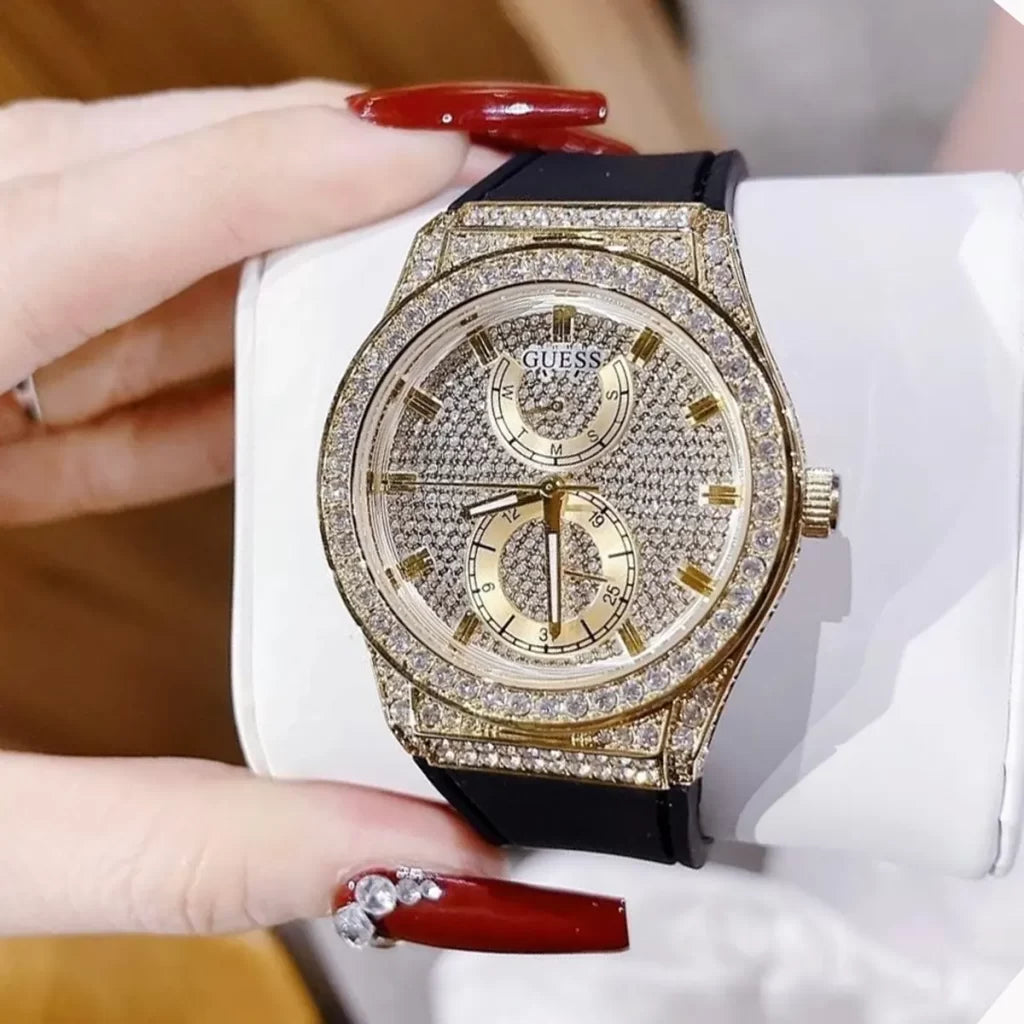  Shop Authentic Guess Princess Crystals Gold Dial Black Silicone Strap Watch For Women - GW0439L2 - Luxxuri