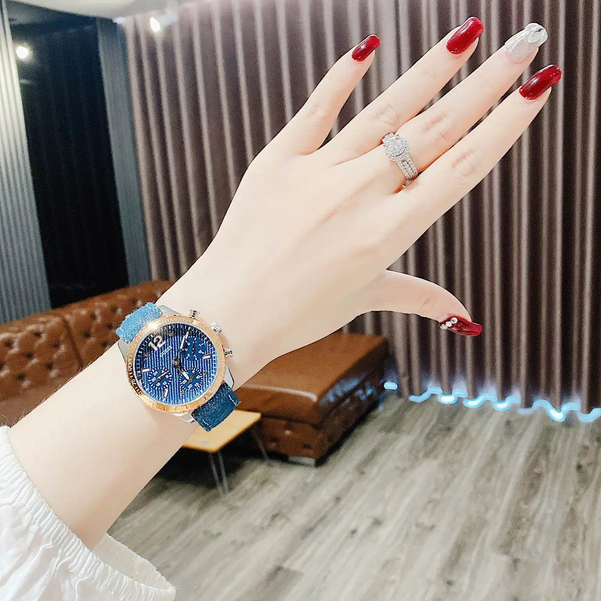  Shop Authentic Guess Marina Chronograph Blue Dial Blue Denim Strap Watch For Women - W1057L1 - Luxxuri