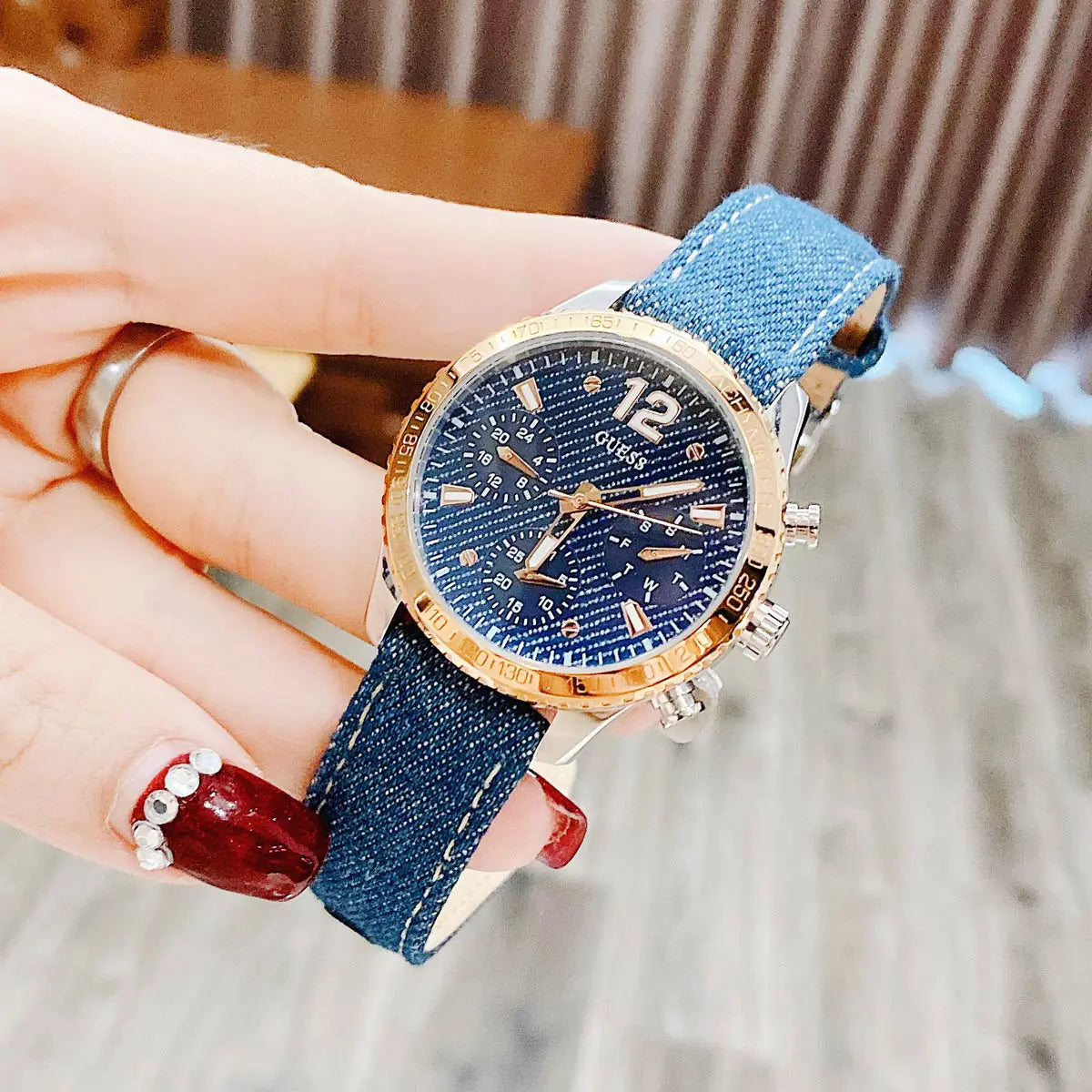  Shop Authentic Guess Marina Chronograph Blue Dial Blue Denim Strap Watch For Women - W1057L1 - Luxxuri