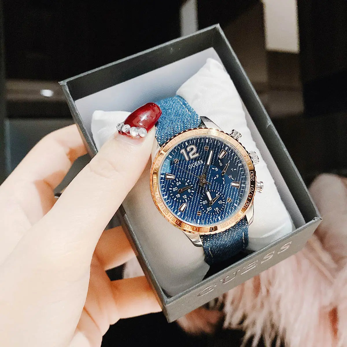  Shop Authentic Guess Marina Chronograph Blue Dial Blue Denim Strap Watch For Women - W1057L1 - Luxxuri