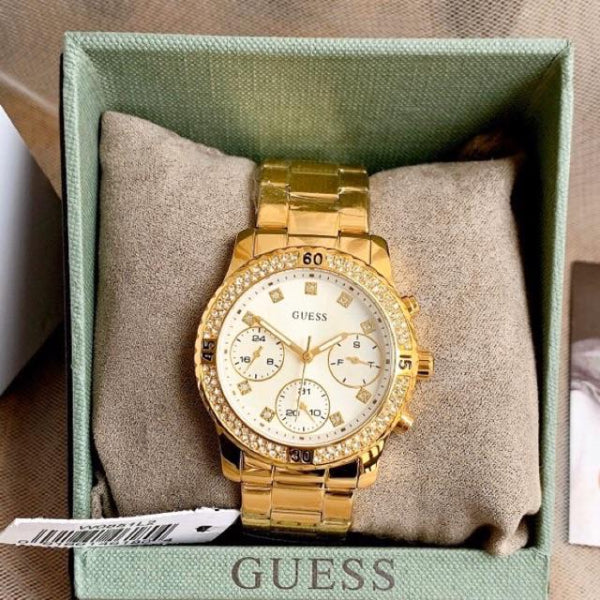  Shop Authentic Guess Solar Chronograph Diamonds White Dial Gold Steel Strap Watch for Women - W1069L2 - Luxxuri